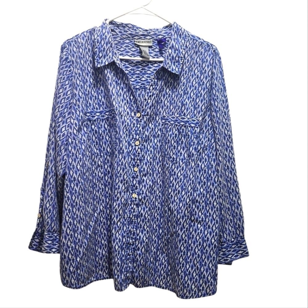 Catherines Blue White Abstract Diamond Print Cotton Blouse Plus Sz Petite 2XWP